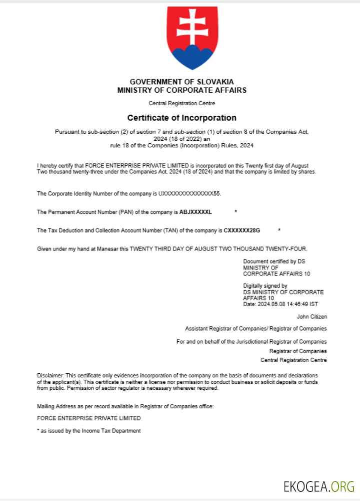 Modèle Word et PDF de certificat d'enregistrement d'entreprise en Slovaquie